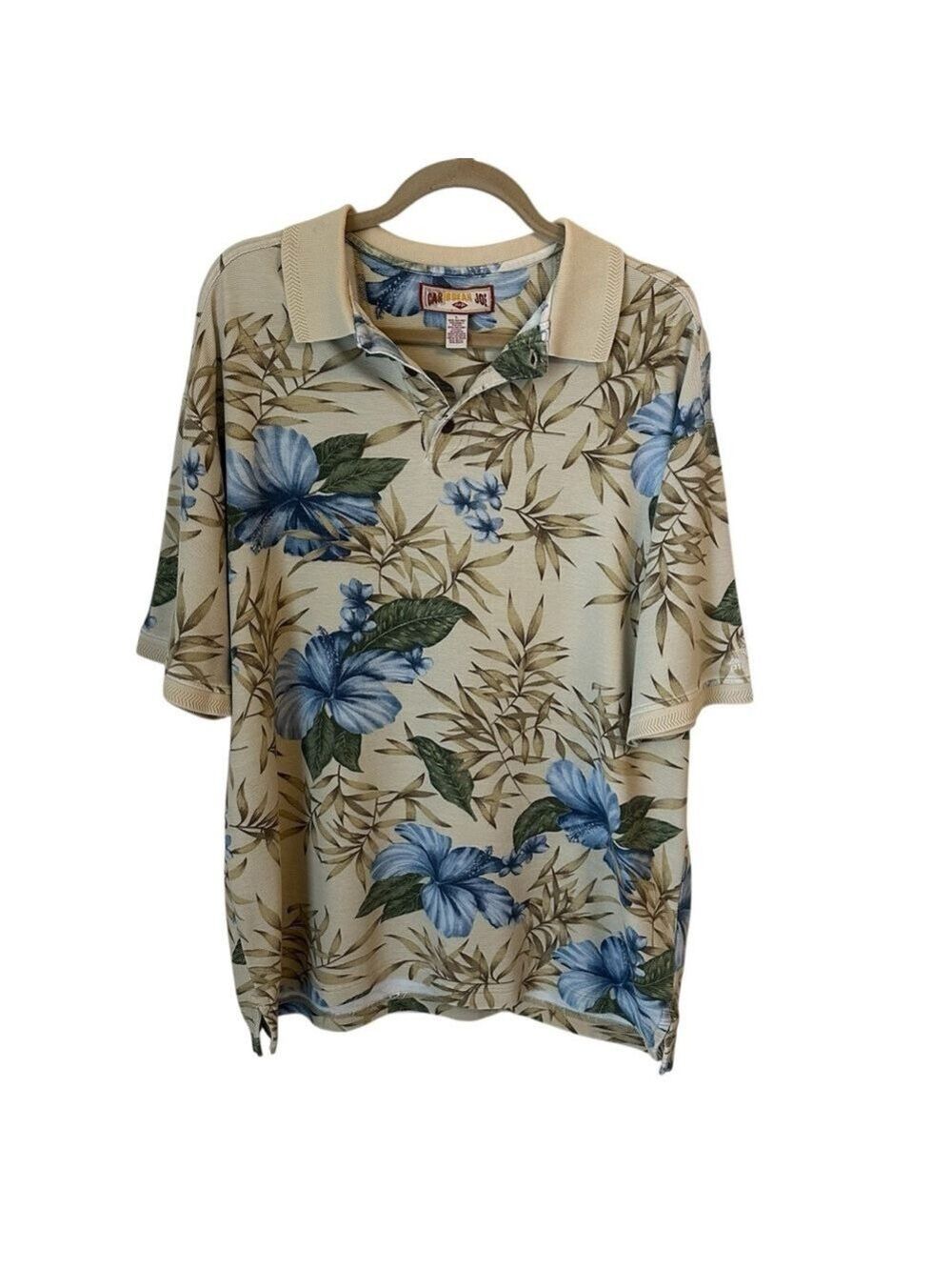 Caribbean Joe Men’s Short Sleeve Hawaiian Print Cream Polo Shirt Size Large